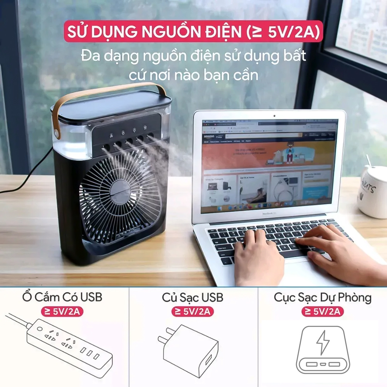 Quạt điều hoà mini phun sương bằng hơi nước làm mát không khí nhỏ gọn để bàn có 5 ô phun sương, 3 chế độ hẹn giờ thông minh có khay đá - hàng chính hãng