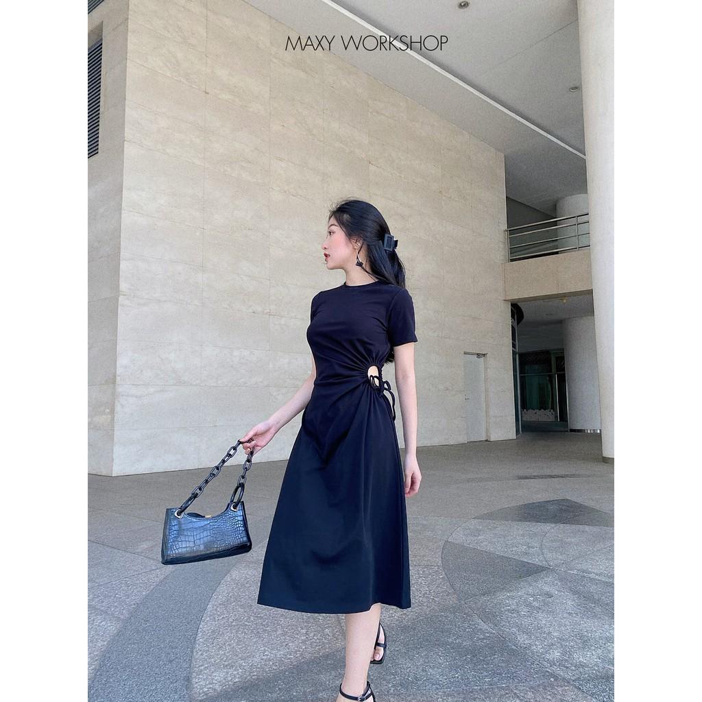 Đầm thun có tay thắt rút dây bên eo lạ mắt form xòe drawstring dress Maxy Workshop
