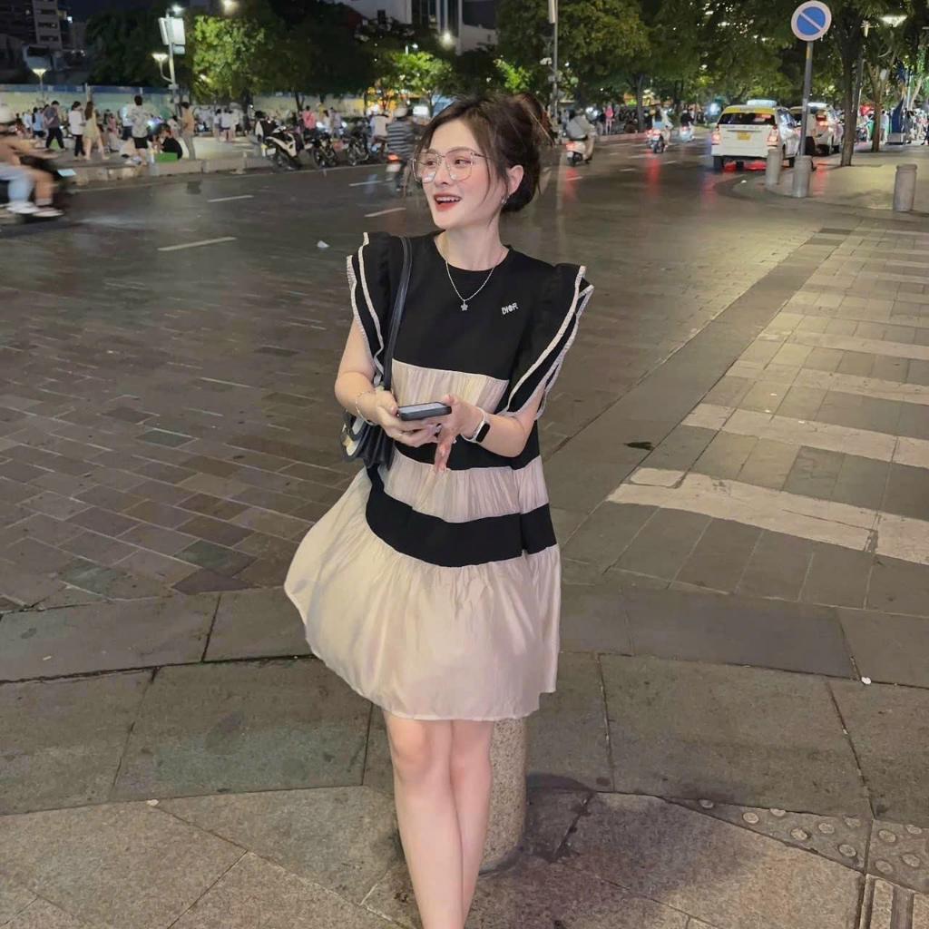 Đầm suông babydoll tay bèo lụa phối voan tơ