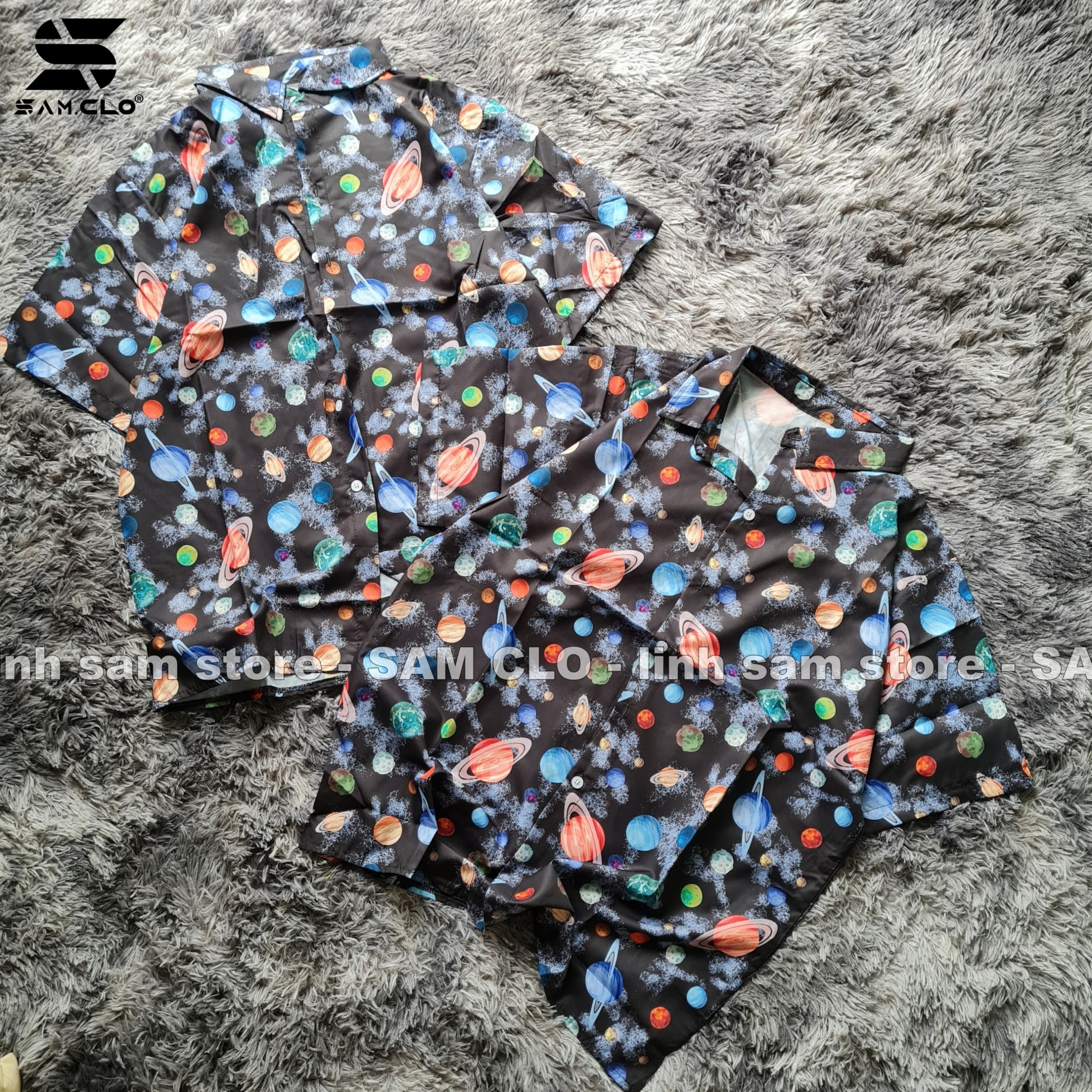 Áo SƠ MI NỮ form rộng in 3D cổ bẻ tay ngắn - lỡ dáng ulzzang freesize unisex mặc cặp, nhóm, hình VŨ TRỤ HÀNH TINH