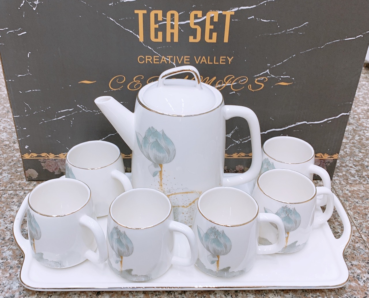 BỘ ẤM CHÉN KÈM KHAY SỨ TEA SET PHA TRÀ CÀ PHÊ TRẮNG HỌA TIẾT HOA SEN - ANTH243