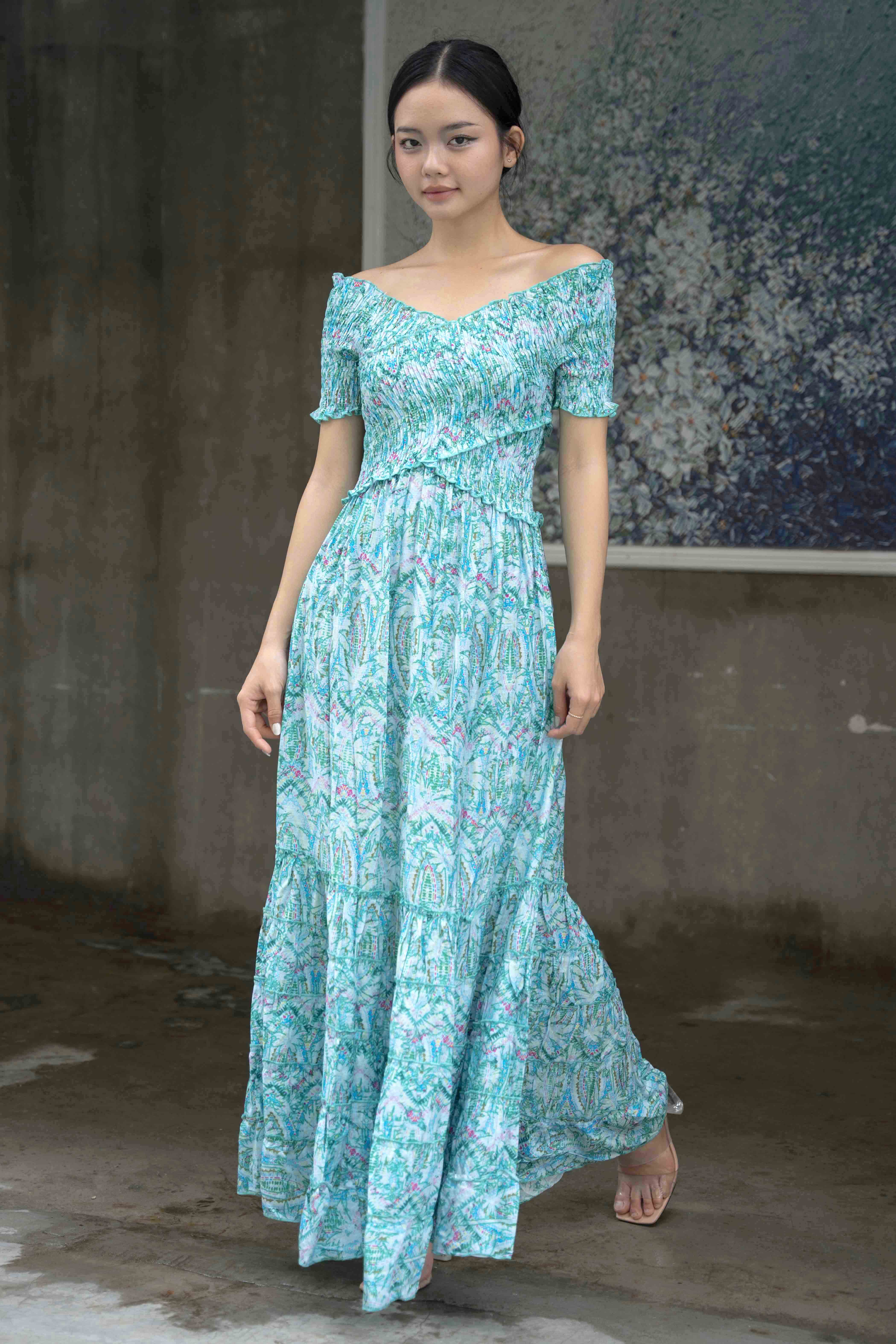 Maxi Hoa Trễ Vai Cotton Cao Cấp Luna Llena