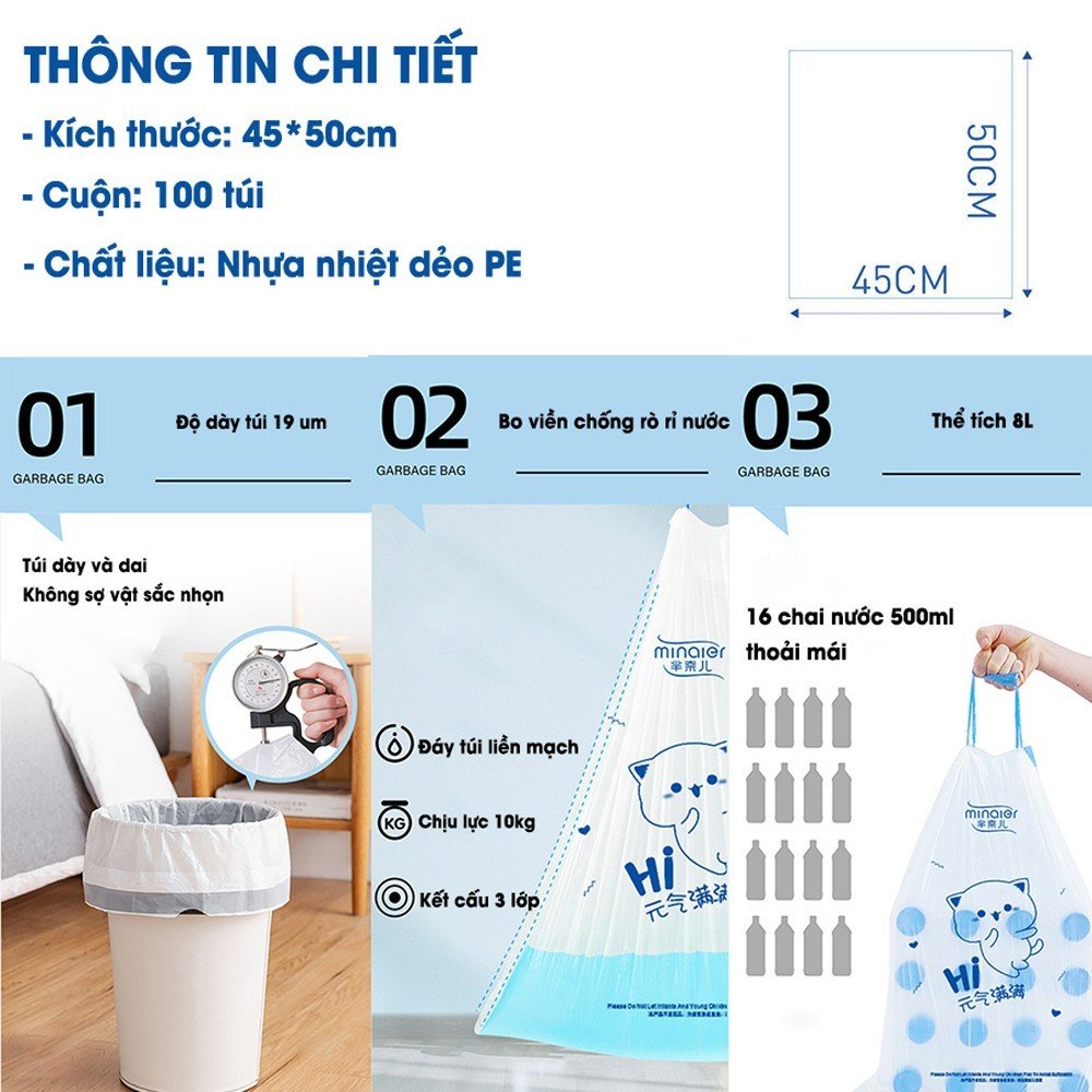 Túi đựng rác dây rút Minaier chống rò rỉ nước, không sợ bẩn tay | Túi đựng rác cuộn 100 túi siêu dai kích thước 45*50cm