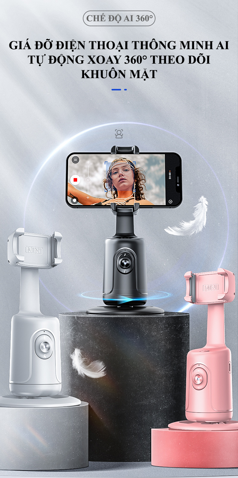 Giá đỡ điện thoại thông minh AI tự động xoay 360 độ theo dõi khuôn mặt hỗ trợ livestream, quay phim