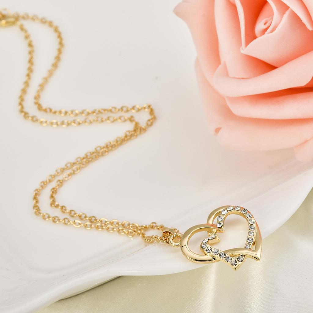 New Bridal Double Heart pendant Crystal Necklace Clavicle Chain Jewelry Gold