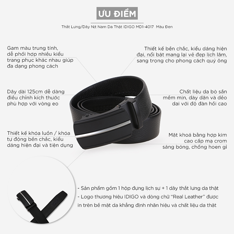 Thắt Lưng Nam Da Thật IDIGO MD1-4017 Màu Đen