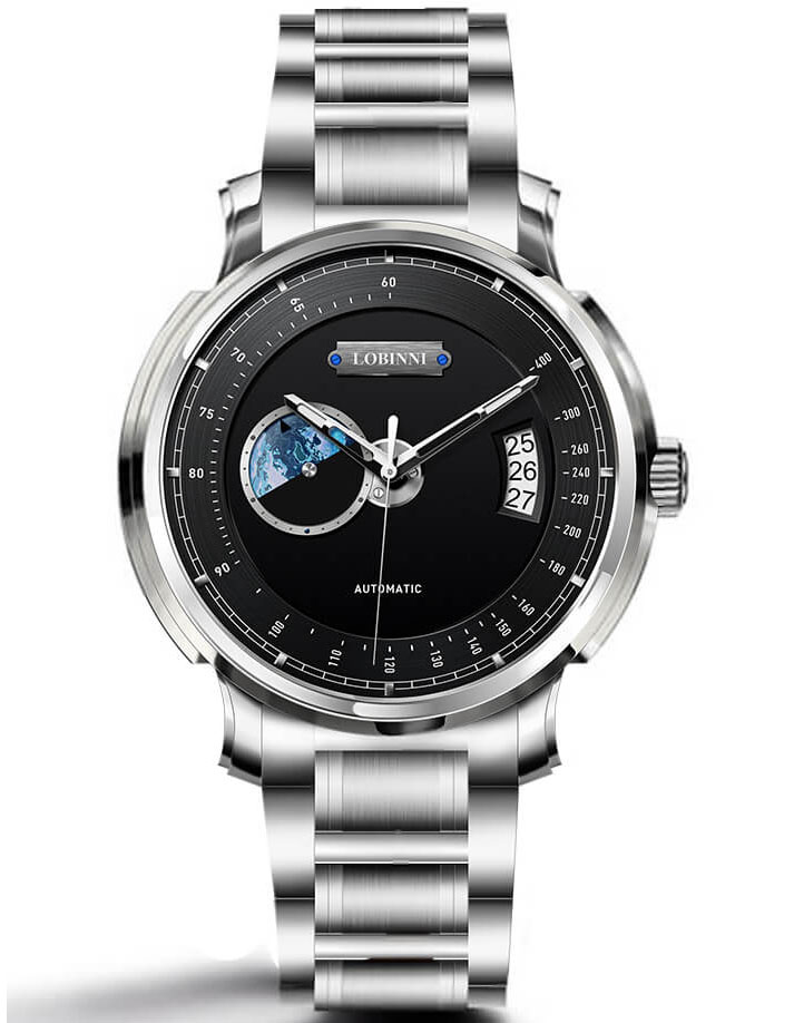 Đồng hồ nam chính hãng LOBINNI L17511-5 Fullbox, Kính sapphire ,chống xước,chống nước,mặt đen, vỏ trắng ,dây kim loại thép không gỉ 316L, Mới 100%,Bảo hành 24 tháng,thiết kế đơn giản và sang trọng