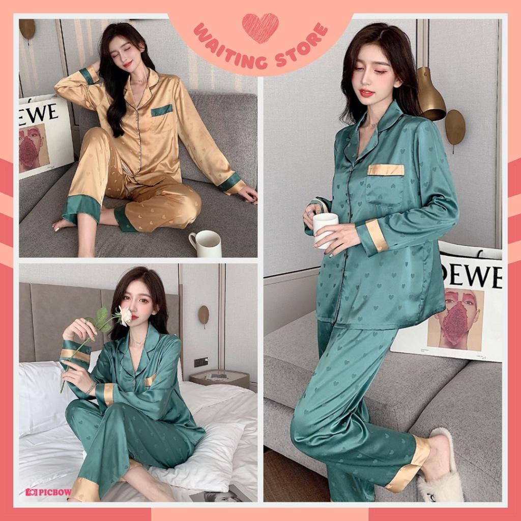 Đồ Bộ Nữ - Đồ Mặc Nhà Dài Tay Vải Lụa Cao Cấp Màu Trơn In Họa Tiết Tim DDLP08