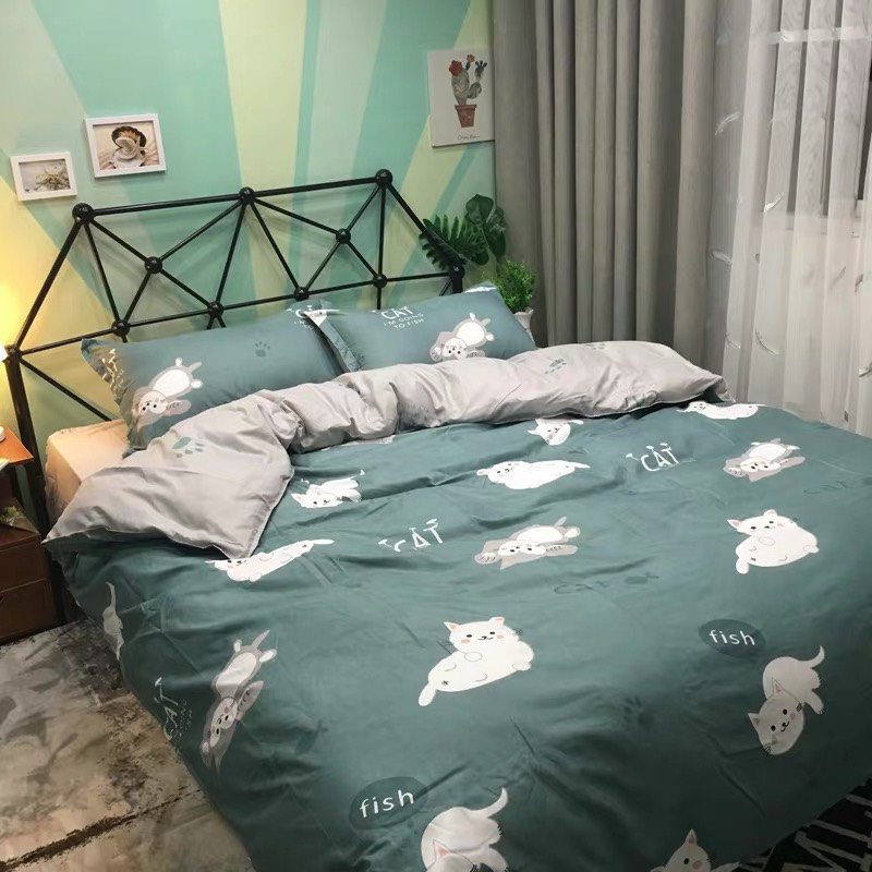 Bộ Chăn Chần Ga Gối Cotton LIDACO SP001005 - Mèo Xanh