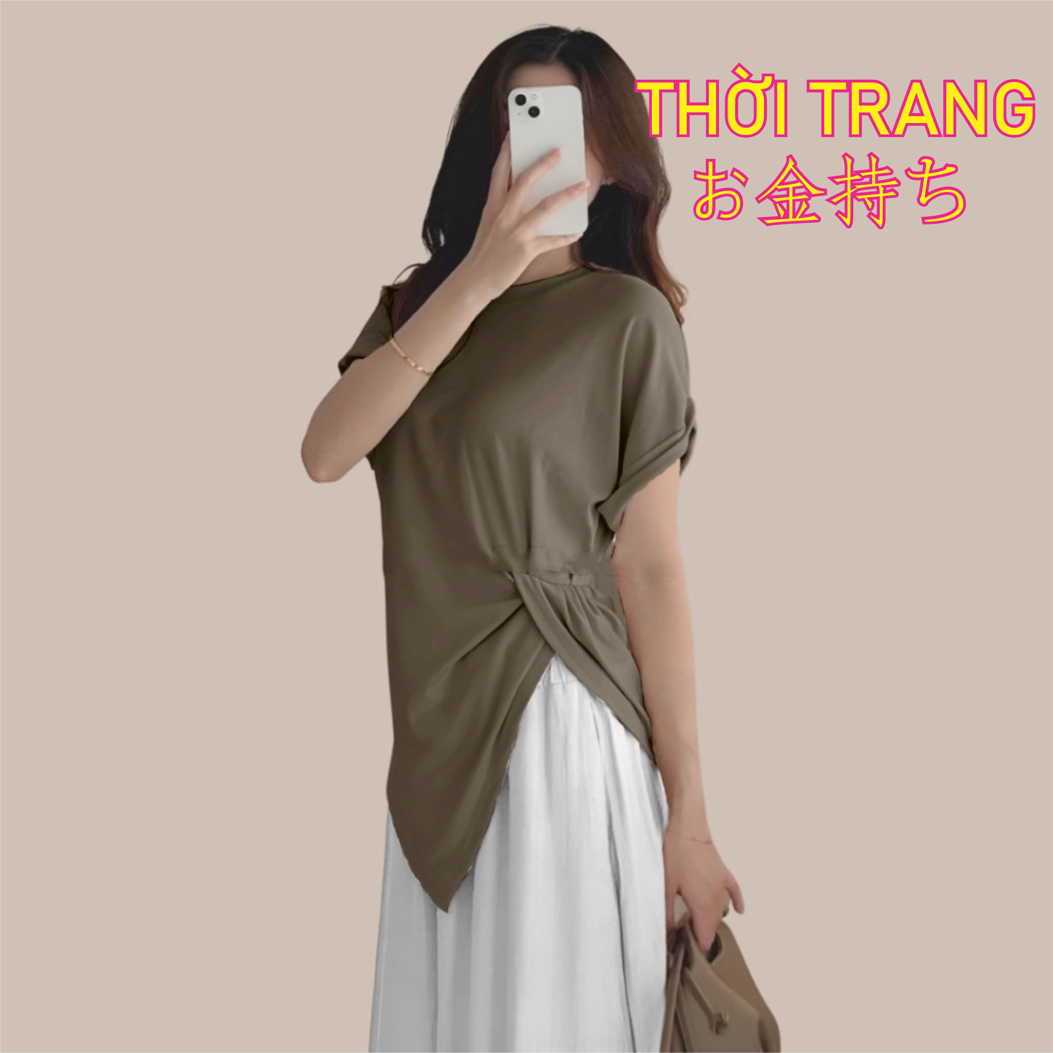 Áo thun nữ trơn cổ tròn nhúm eo vạt chéo chất thun mềm mịn 3112