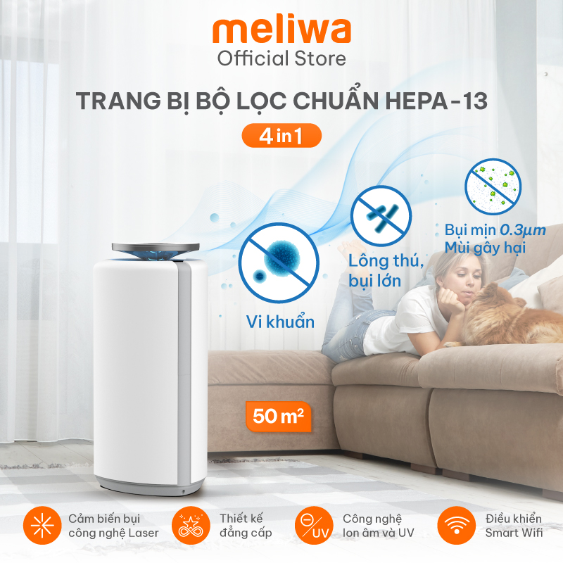 Máy lọc không khí thông minh Meliwa M50 lọc bụi mịn, kháng khuẩn và diệt khuẩn hiệu quả bộ lọc HEPA, tạo ion âm - Hàng Chính Hãng