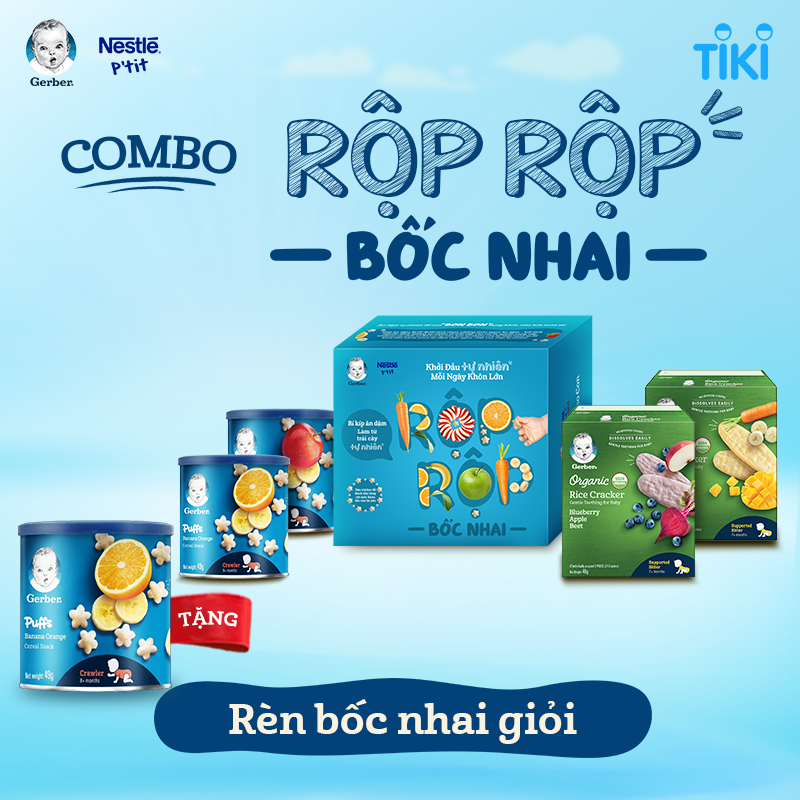 Rộp rộp bốc nhai - Combo 4 - 2 Bánh ăn dặm Gerber Vị  Dâu Táo/ Vị Chuối Cam + 2 Bánh gạo ăn dặm hữu cơ Gerber Organic Vị Chuối Xoài Cà Rốt/ Vị Nam VIệt Quốc - Táo Củ Dền + Tặng 1 lon Gerber puff