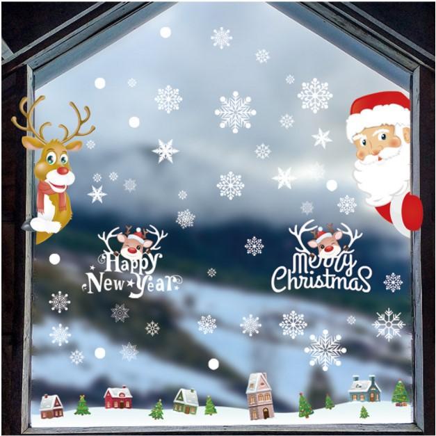 Decal trang trí giáng sinh ông già noel và tuần lộc bên ngôi làng tuyết