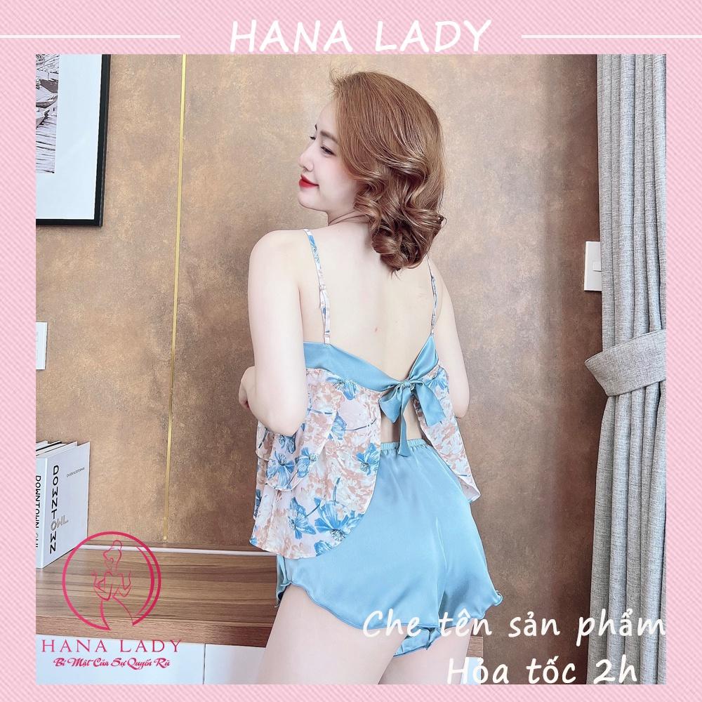 Bộ ngủ 2 dây hoa, đồ ngủ voan lụa họa tiết mặc nhà cao cấp VN500