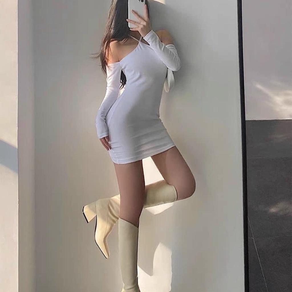 Đầm Body Trễ Vai Tay Dài PINKSTORE29 Phối Cổ Yếm, Tôn Dáng Gợi Cảm D053
