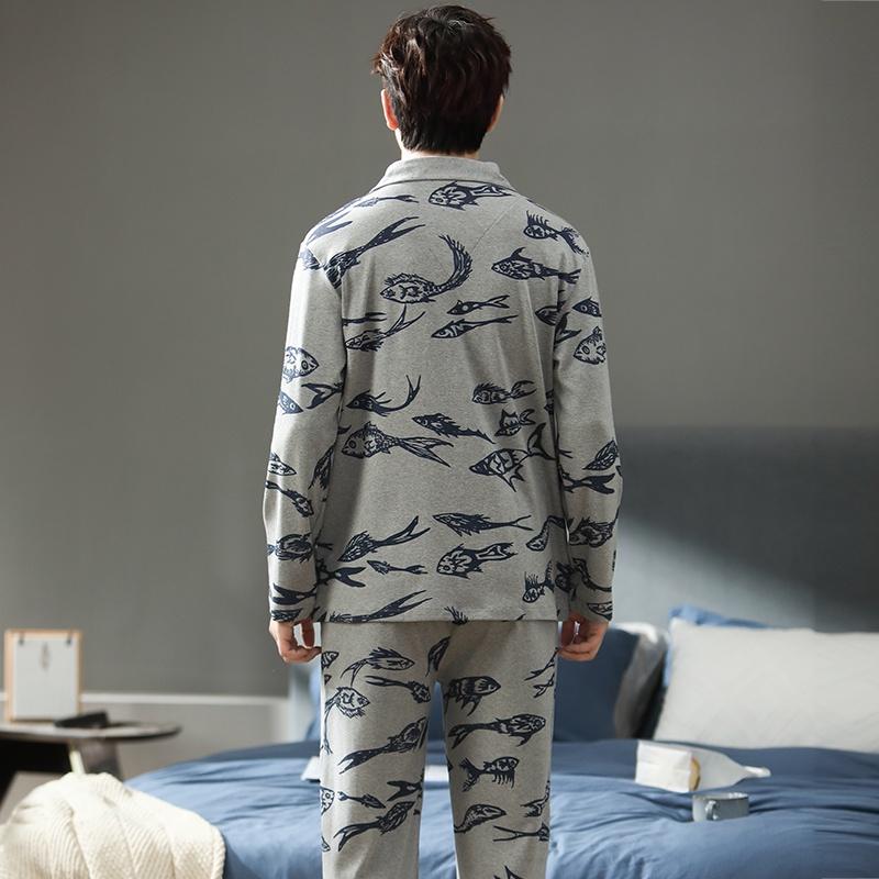 2228 - Bộ Pijama nam dài tay cao cấp màu ghi phối họa tiết hình con cá độc đáo, vải cotton 100% mềm thoáng, size L-3XL