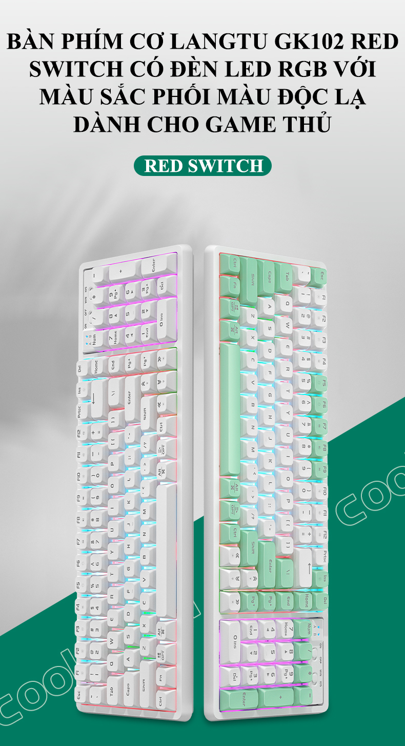 Bàn phím cơ LANGTU GK102 red switch có nhiều chế độ đèn led với màu sắc phối màu độc lạ dành cho game thủ - Hàng Chính Hãng