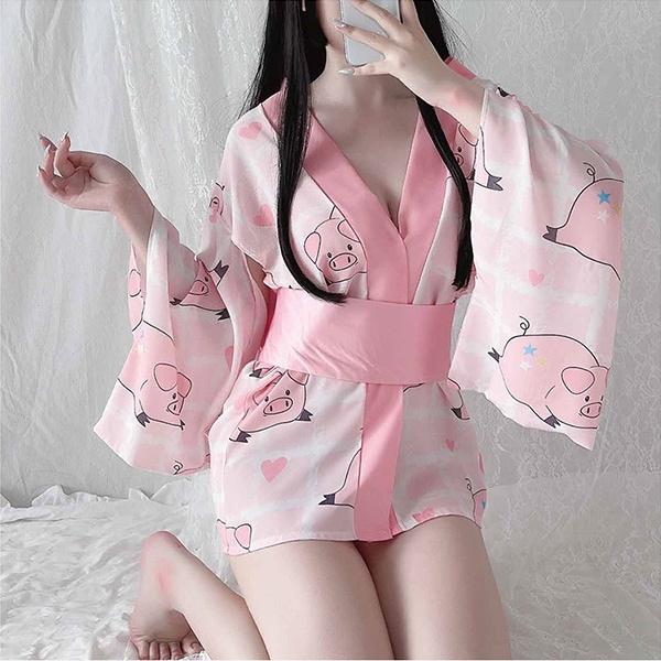 Áo chàng ngủ cosplay Kimono Nhật Bản xẻ ngực sexy quyến rũ đồ ngủ cao cấp phối hình bé heo thỏ đáng yêu BIKI HOUSE N743