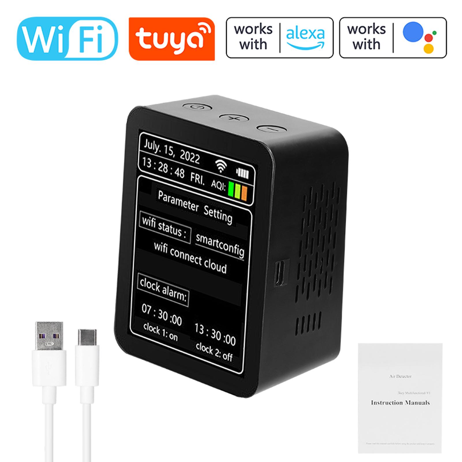 Tuya WiFi Intelligent Air Quality Detector PM2.5 CO2 TVOC HCHO Temperature Humidity AQI 7 In 1 Detector Time Date Week Display Mobilephone APP Remotes Viewing Home Indoor Desktop Air Quality Monitor