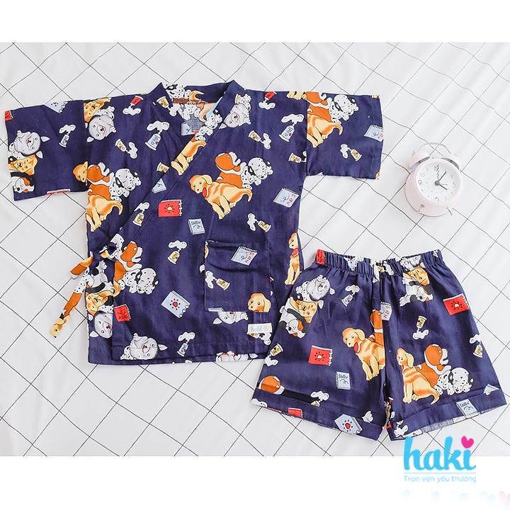 Bộ Yukata cho bé gái Haki - Xanh than (chó con) 