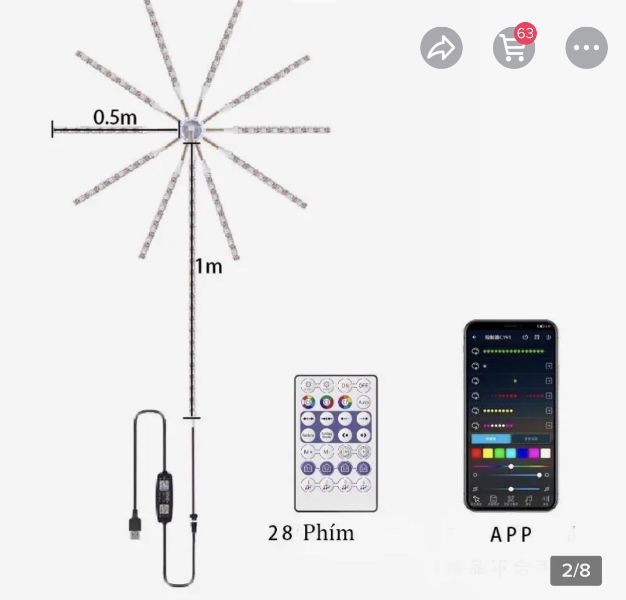 Dây đèn led KGLed Firework hiệu ứng mặt trời tỏa sáng hào quang, cảm ứng nhạc, điều khiển app và remote 180led- Hàng chính hãng