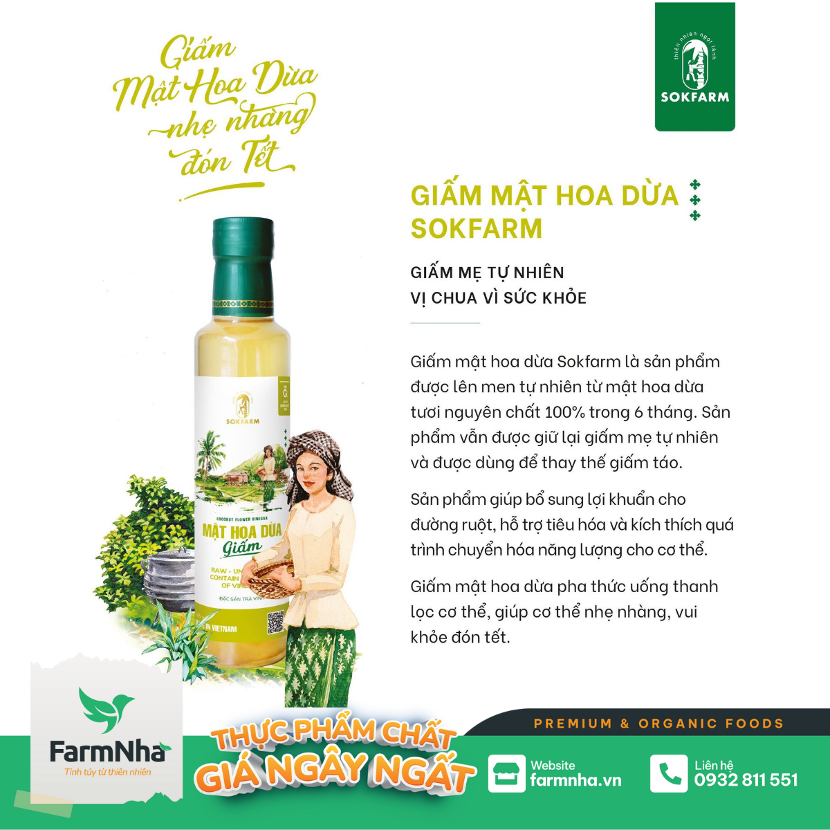 Giấm Mật Hoa Dừa Sokfarm 265ml - Chuẩn Xuất Khẩu FDA Hoa Kỳ