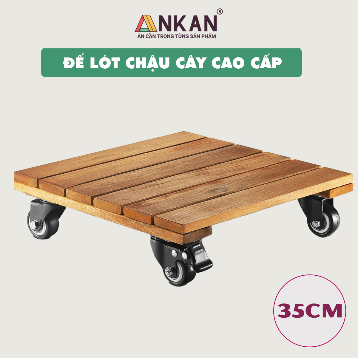 Đế Đôn Chậu Cây Có Bánh Xe Cao Cấp ANKAN Hình Vuông Màu Vàng 35x35 Cm Tải trọng 150 Kg Gỗ Tràm Bông