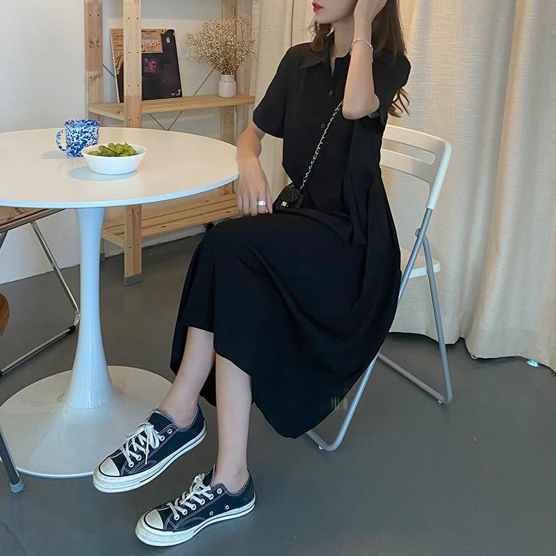 Đầm Dài Sơ mi Ngắn tay Màu trơn Form rộng Dáng chữ A Ulzzan Hàn Quốc Váy Dài Midi Kiểu Pháp Mùa Hè