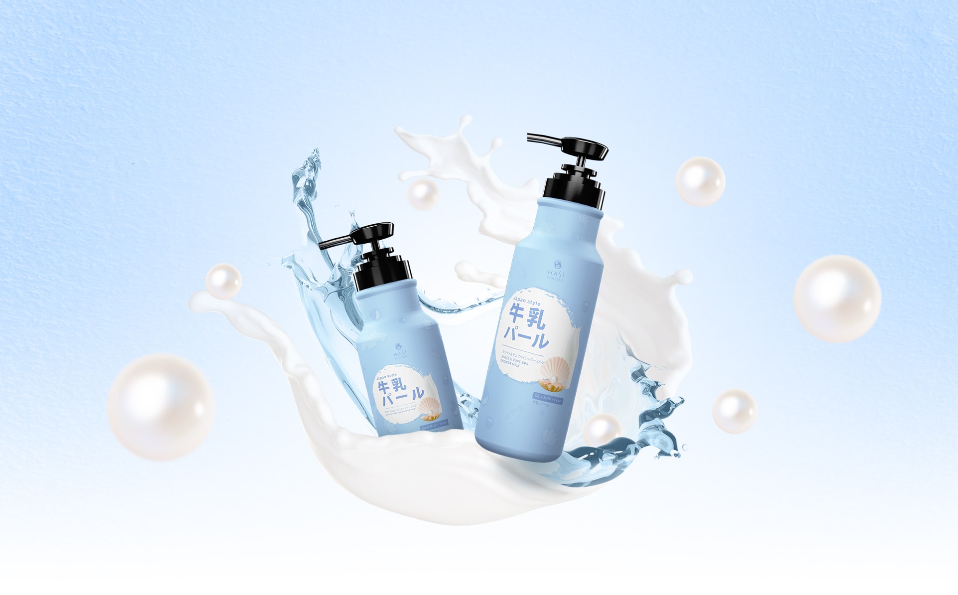 Sữa tắm Hasi Kokeshi dưỡng ẩm, trắng da chiết xuất Sữa bò và Ngọc trai - White &amp; pure spa shower milk with Cow milk and Pearl Extract