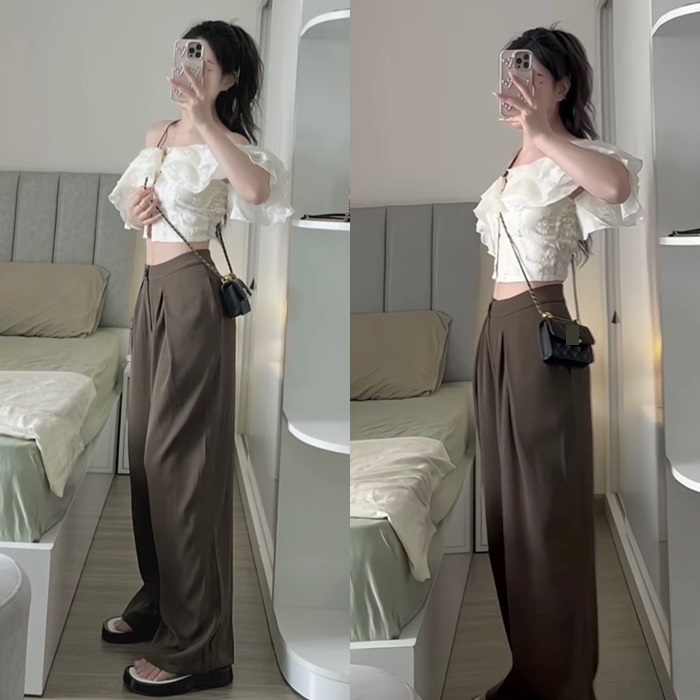 SET ÁO CROPTOP TRỄ VAI ÔM BODY BÈO TẦNG + QUẦN TÂY DÀI ỐNG RỘNG LƯNG CAO SUÔNG TRƠN ĐI TIỆC DẠO PHỐ ĐI CHƠI ĐI BIỂN