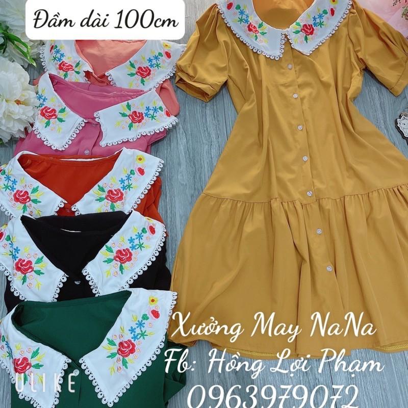 Đầm cổ thêu hoa tay phồng dễ thương