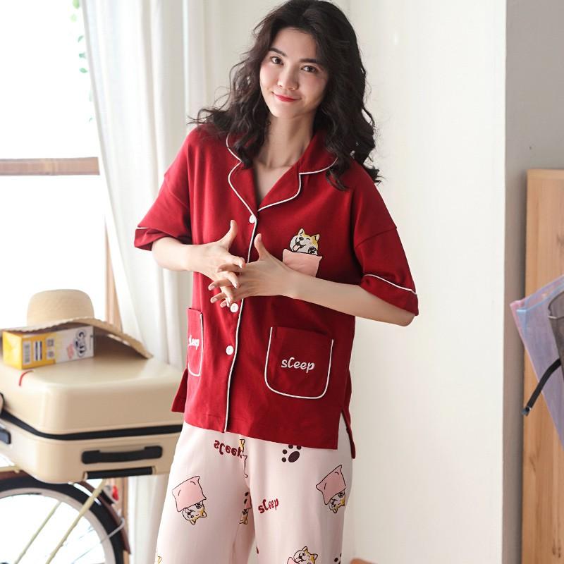 Đồ Bộ Pijama lửng tông đỏ nổi bật, phù hợp với các cô nàng cá tính mạnh mẽ, vải cotton 100% thoáng mát, thấm mồ hôi