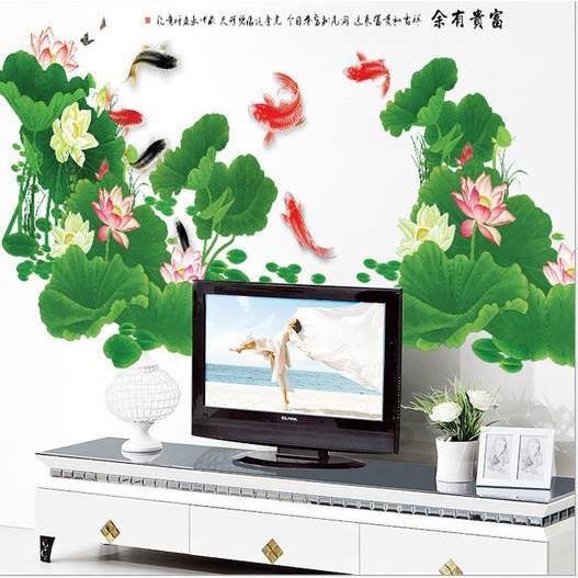 Decal dán tường Combo 2 tranh cá và hoa sen + hoa mẫu đơn