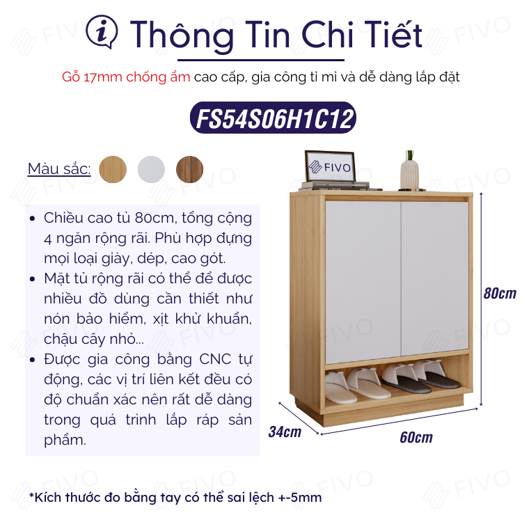 Kệ Để Giày Dép Gỗ Lõi Xanh Chống Ẩm FIVO FS54 Màu Gỗ Phối Trắng, Có Cửa Chắn Bụi, Bản Lề Giảm Chấn Chống Va Đập Cửa Tủ, Tấm Lưng Thoáng Khí - Hàng Chính Hãng