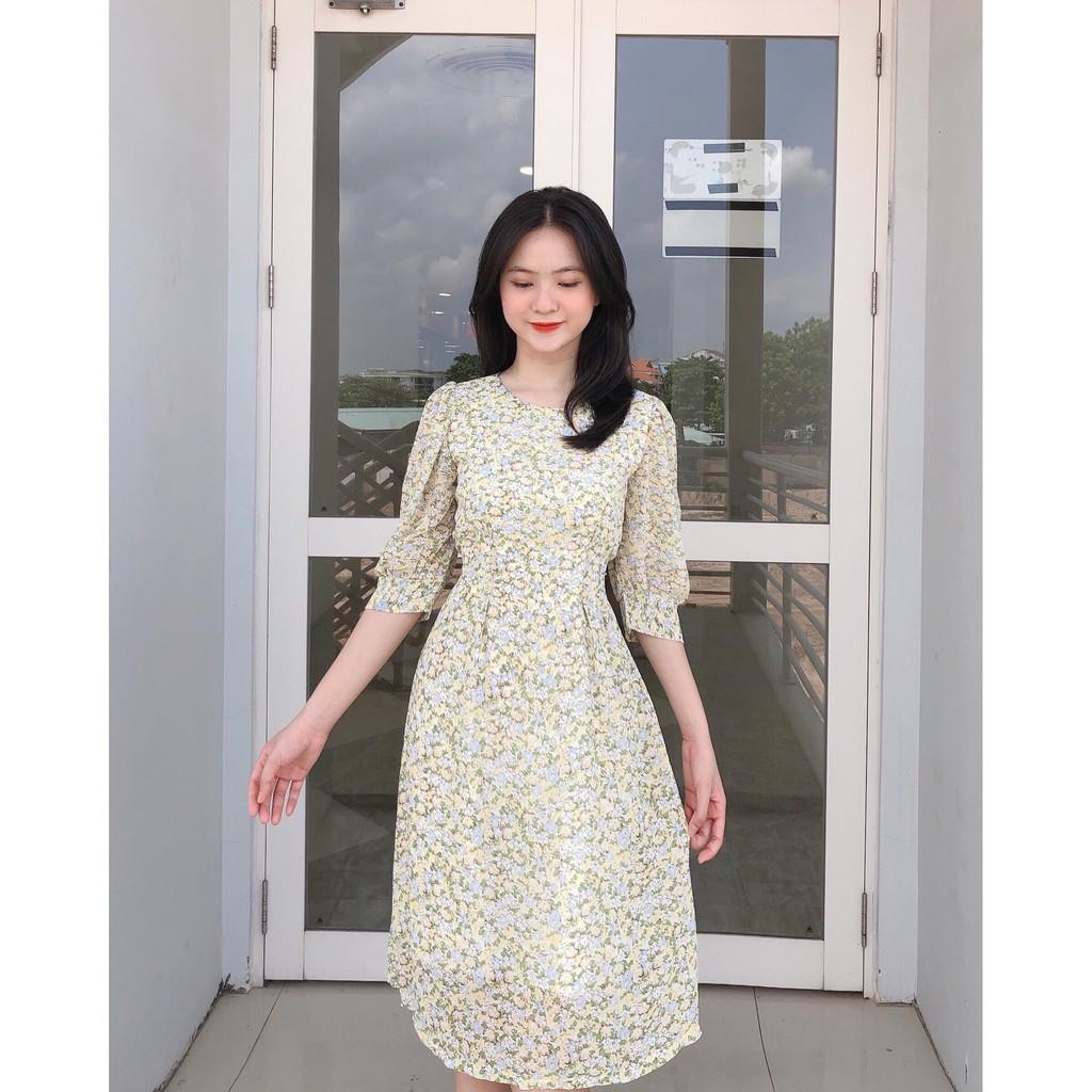 ĐẦM HOA LỤA 2 LỚP CỔ TRÒN TAY LỠ DÁNG XÒE CÓ DÂY CỘT PHẦN EO PHÍA SAU-hình thật shop chụp
