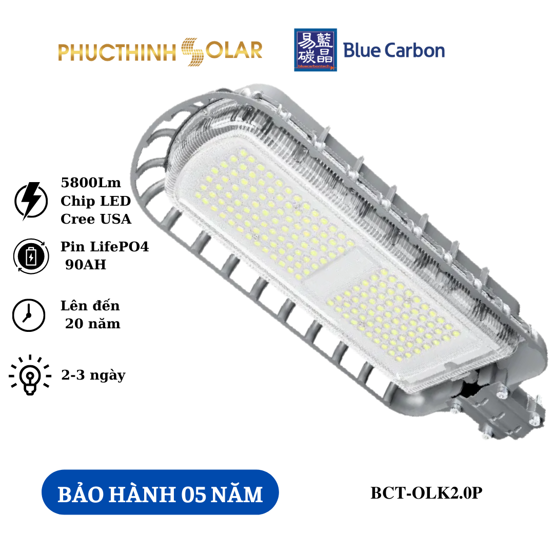 Đèn Đường Năng Lượng Mặt Trời 56W Blue Carbon BCT-OLK2.0P Cảm Biến Ánh Sáng, Có Remote, Chống Nước IP66 Phúc Thịnh Solar