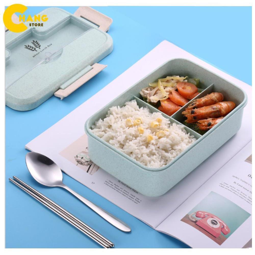 Hộp đựng cơm, khay đựng cơm văn phòng lúa mạch 3 ngăn Tặng đũa và thìa Inox