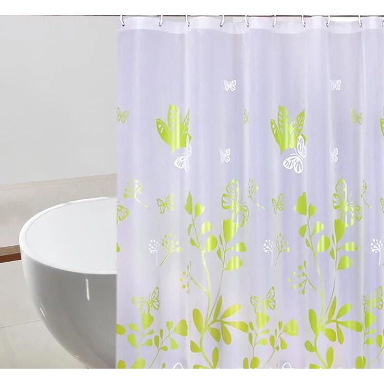 Rèm phòng tắm cửa sổ trắng họa tiết Hoa Bướm xanh lá
