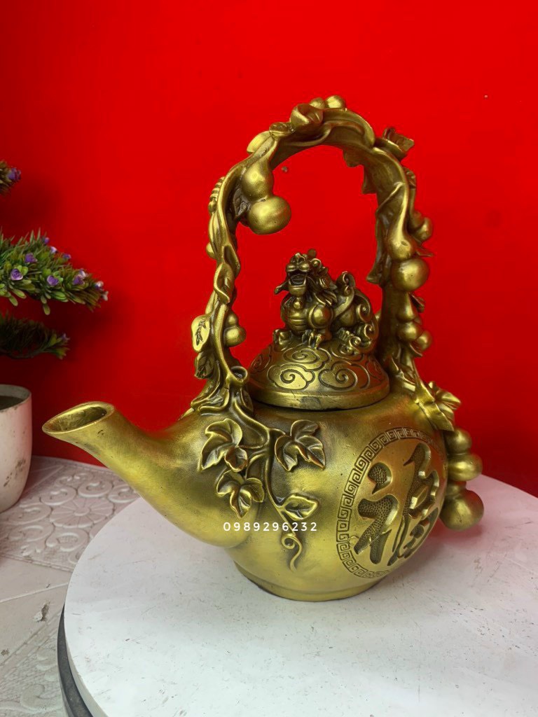 Ấm Hồ Lô Chữ Phúc Nắp Nghê bằng đồng - ấm Hồ Lô phong thủy