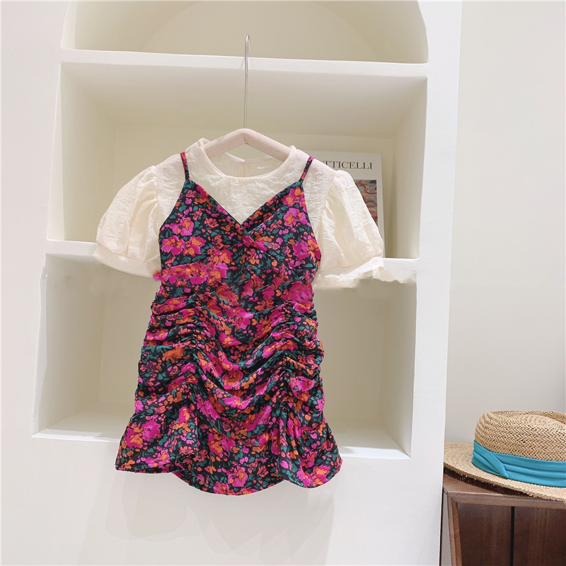 Bộ Váy Yếm Hoa Hai Dây Nhún Áo Trong Tay Phồng