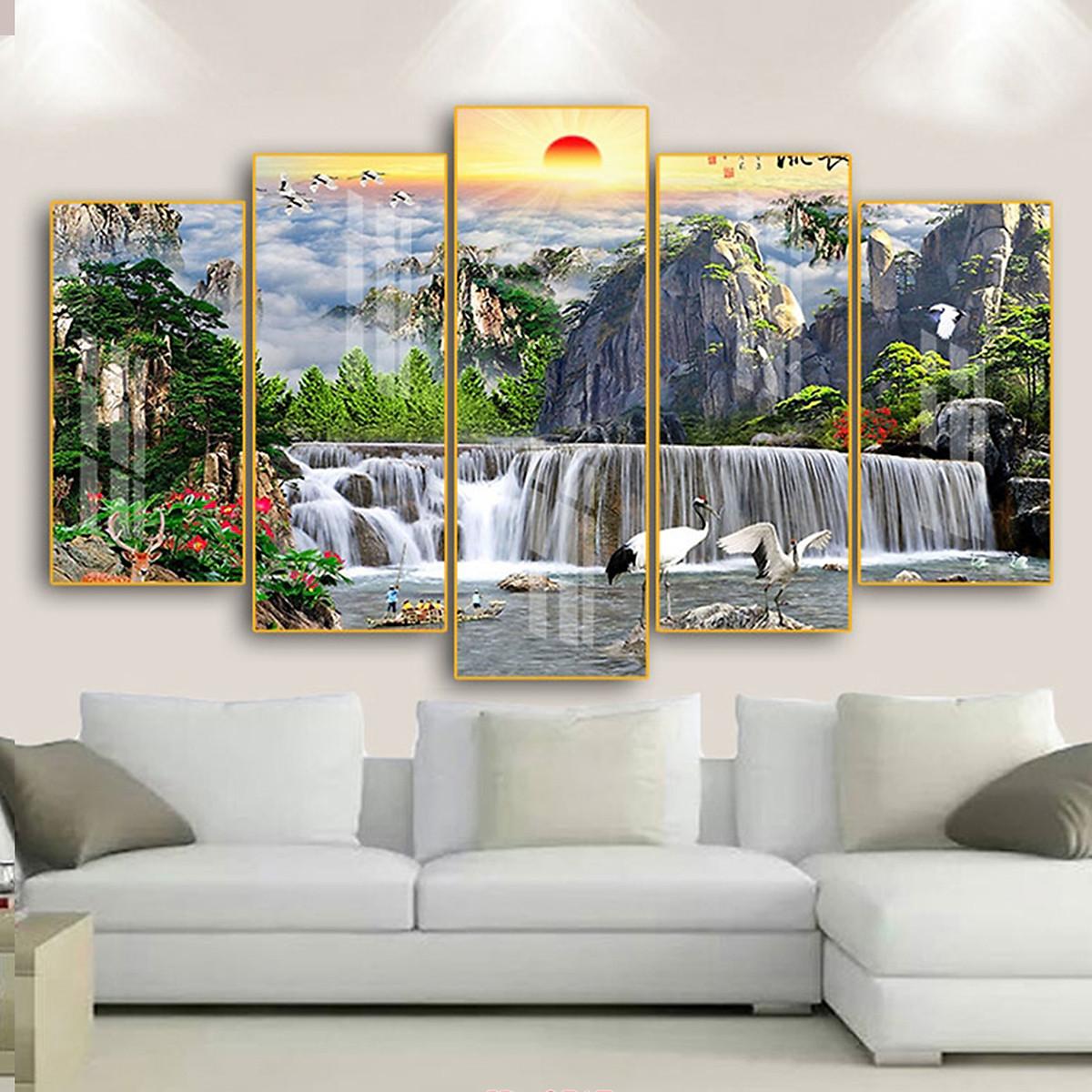 Tranh Tráng Gương Pha Lê Treo Tường Hiện Đại _ Tranh Bộ 5 Phong Cảnh Sơn Thủy Đẹp