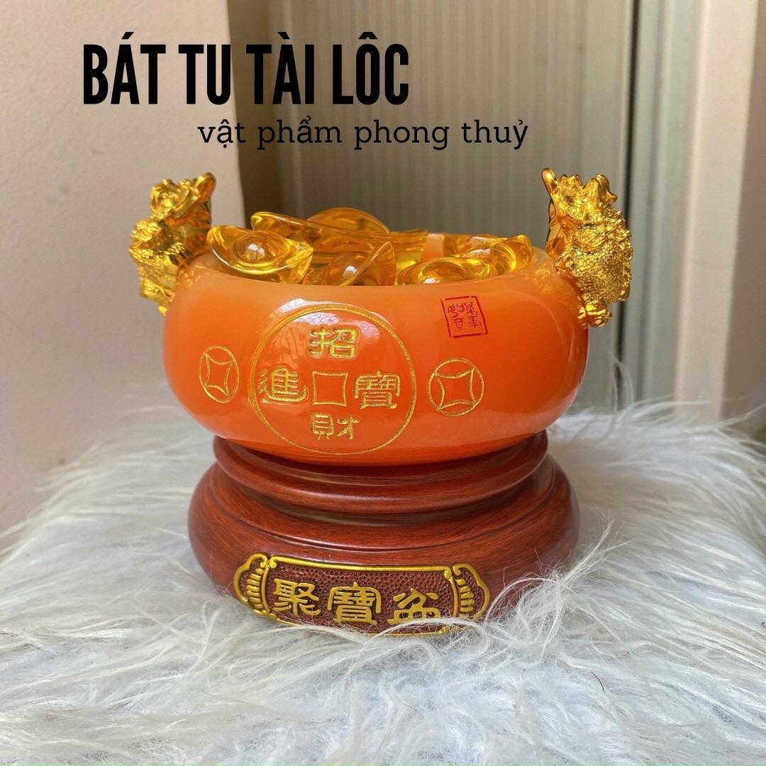 Bát vàng, Bát Tụ Tài, Bát Tụ Bảo đá mã não đỏ Hút Tài, Hút Lộc trang trí bàn thờ ông thần tài thổ địa - Cao 12 cm