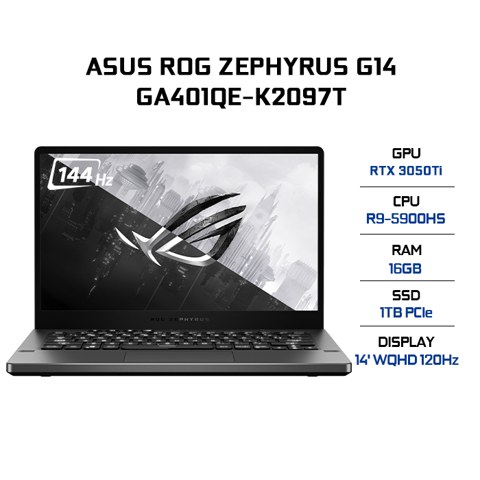 Laptop Asus ROG Zephyrus G14 GA401QE-K2097T (AMD R9-5900HS/ 16GB (8x2) DDR4 3200MHz/ 1TB SSD PCIE G3X4/ GTX 3050Ti 4GB GDDR6/ 14 WQHD IPS, 120Hz/ Win10) - Hàng Chính Hãng