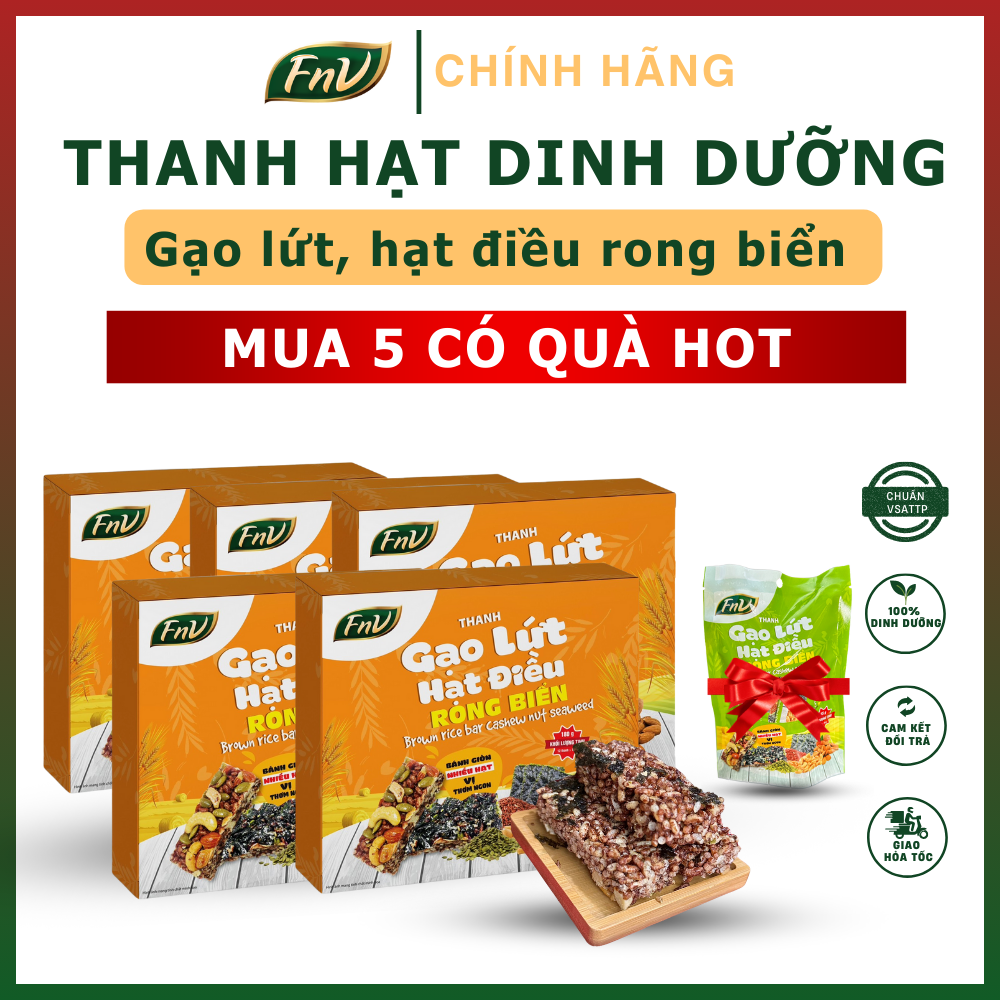 Thanh gạo lứt hạt điều rong biển FnV, mua 5 hộp 180g + Tặng 1 bịch thanh gạo lứt bịch 45g bất kỳ