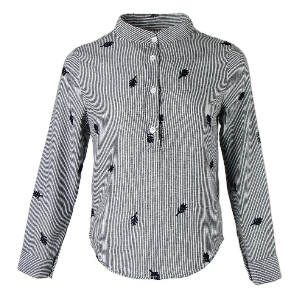Women Stand Collar Long Sleeve Embroidery Striped Slim Blouse Base Shirt