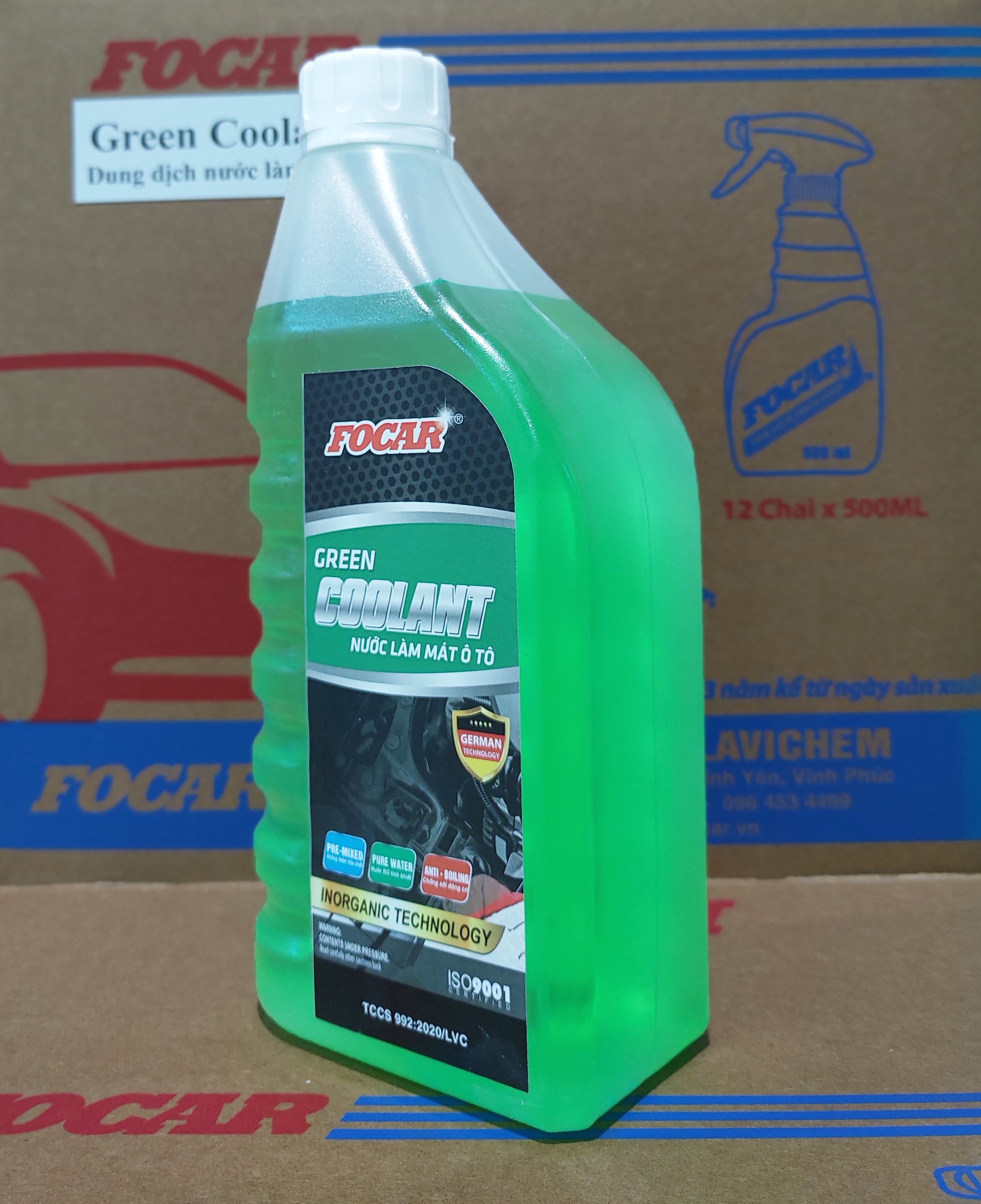 Nước làm mát động cơ ô tô xe máy, nước làm mát máy FOCAR Green Coolant 850ML (Màu xanh) tiêu chuẩn ISO 9001:2015