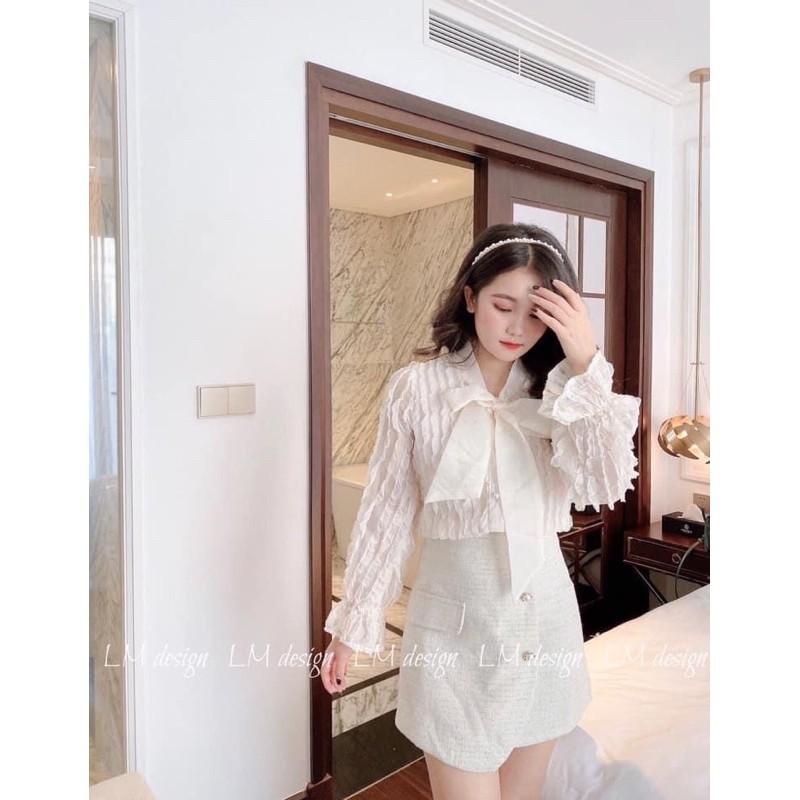 Áo sơ mi ren nơ sóng điệu đà