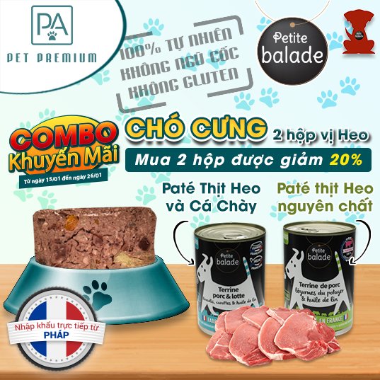 (Combo 2 hộp vị Heo) Pate cho chó Petite Balade 400g/hộp (Pate Heo nguyên chất, Pate Heo&amp; Cá Chày) nhập khẩu từ Pháp