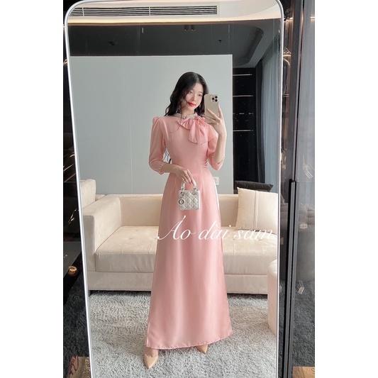 Áo dài 4 tà tơ óng nơ cổ