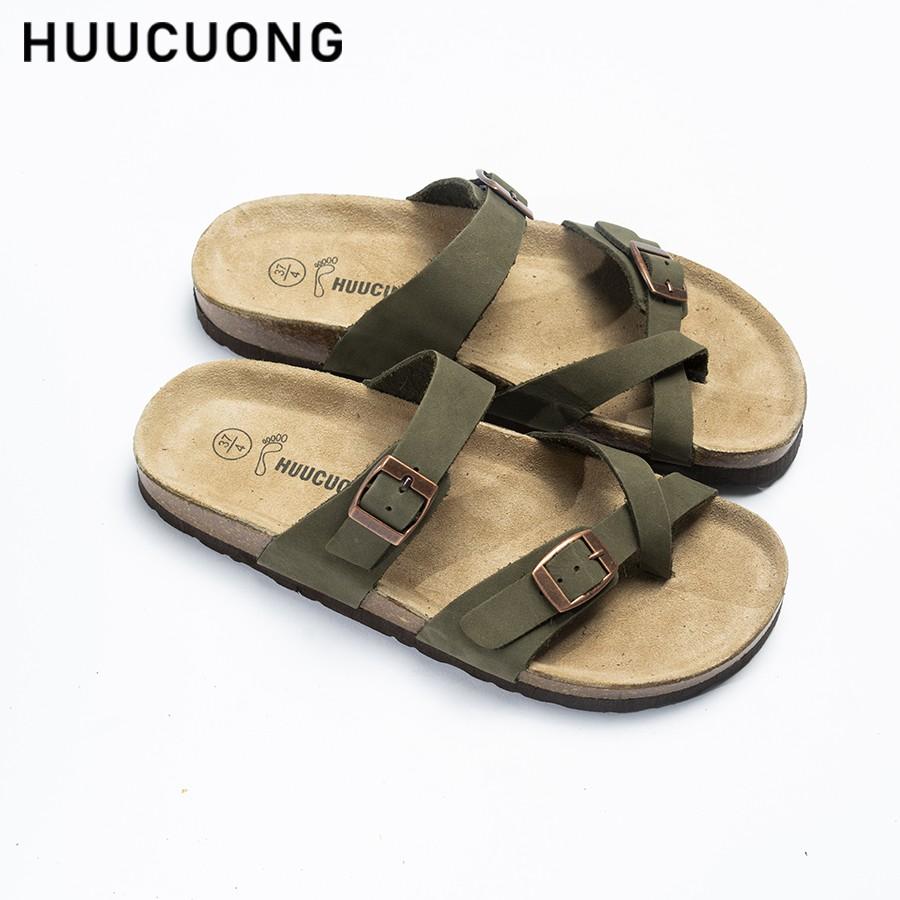 Dép unisex Huucuong xỏ ngón da bò rêu đế trấu handmade